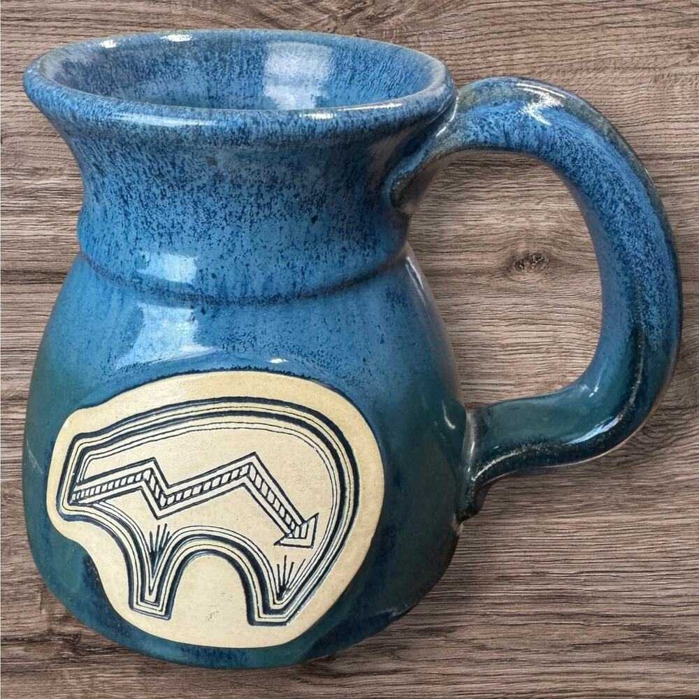 Handcrafted Style Pottery Mug Blue Speckled Southwestern Bear Coffee Cup